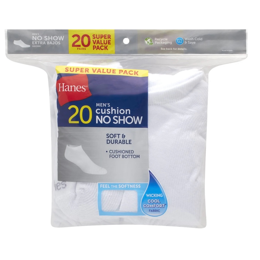 Hanes No Show Socks 20 Pair Moisture Wicking Comfort